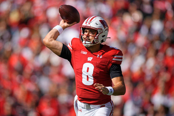 Oct 7, 2023; Madison, Wisconsin, USA; Wisconsin Badgers quarterback Tanner Mordecai (8) during the game against the Rutgers Scarlet Knights at Camp Randall Stadium. Mandatory Credit: Jeff Hanisch-USA TODAY Sports